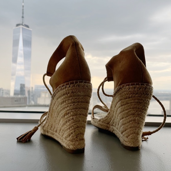 Joie Delilah Tan Suede Leather Lace-Up Tassel Espadrille Wedge Heel Sandals - Picture 4 of 5